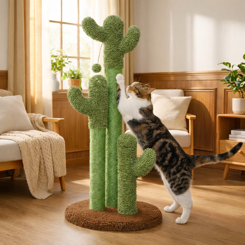 Cat playing with a cactus-shaped cat tree in a cozy living room.