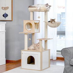 Cat tree with multiple levels and a cat resting on top in a room setting.