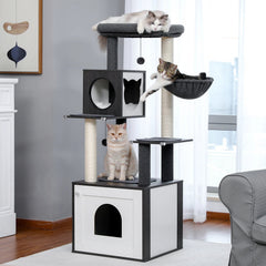 Cat tree with multiple levels and a cat sitting on each level in a home setting.