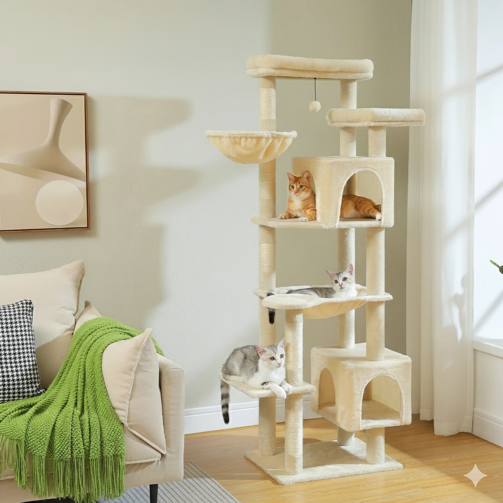 Cat tree with multiple levels and cats in a living room setting