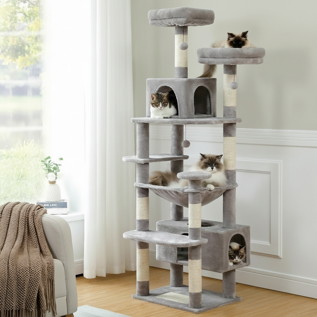 Cat tree with multiple levels and cats on a wooden floor in a room.