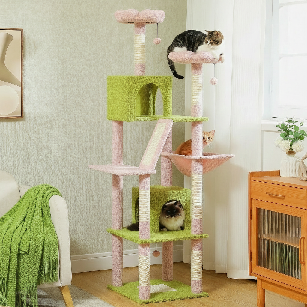 Cat tree with multiple levels and a cat sitting on each platform in a room setting.