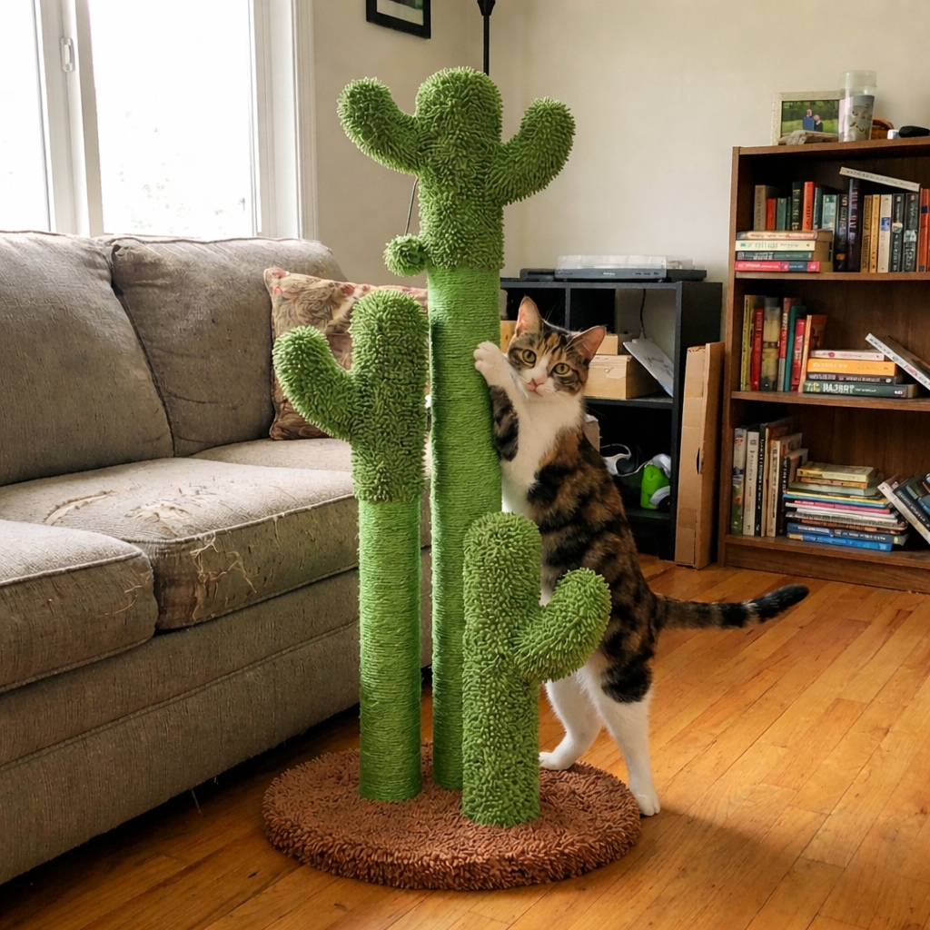 Cat climbing a cactus-shaped cat tree in a living room.