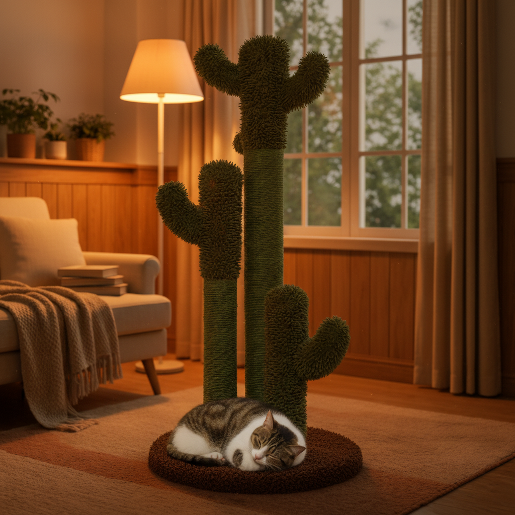 Cat sleeping on a cactus-shaped cat tree in a cozy living room.