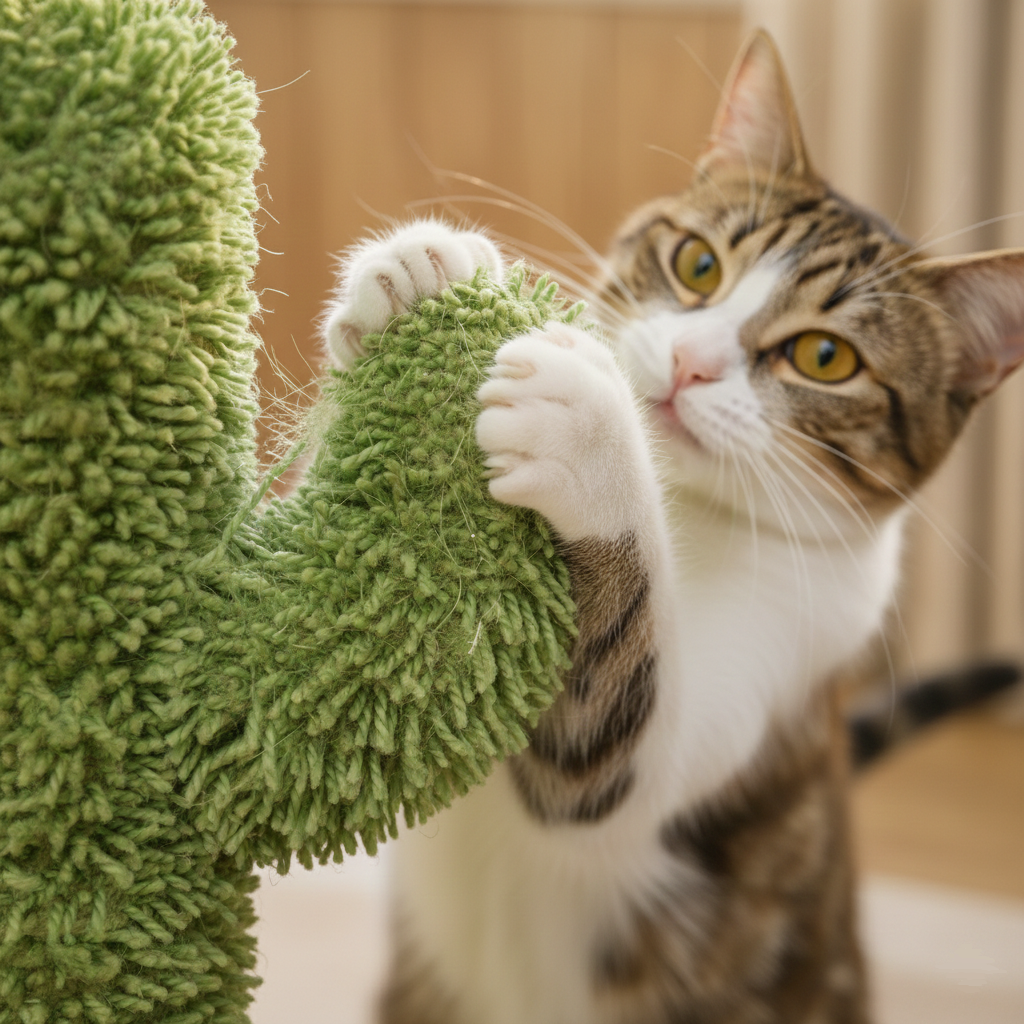 Cat playing with a green plush toy