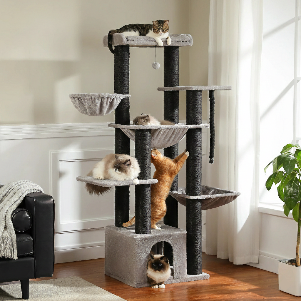 Cat tree with multiple levels and perches in a room with a plant and black chair.