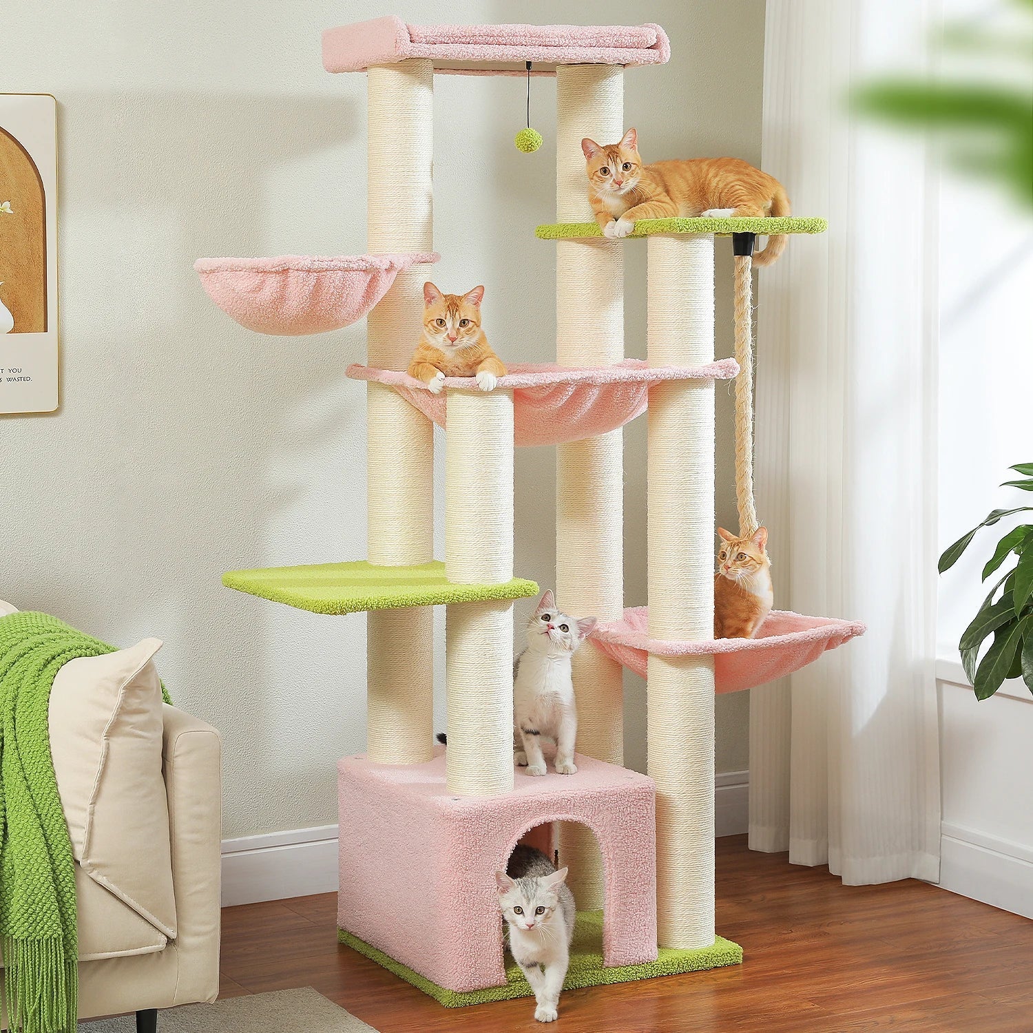 Cat tree with multiple levels and platforms in a home setting