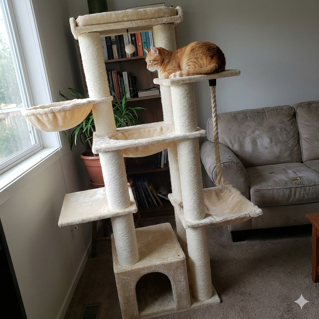 Cat sitting on a multi-level cat tree in a living room.