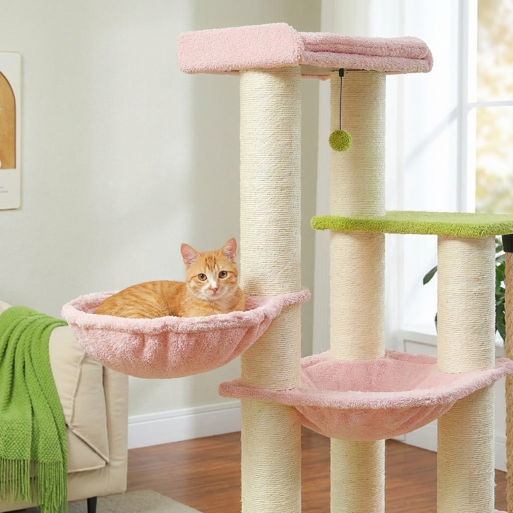 Cat sitting on a multi-level cat tree with pink platforms and green accents.