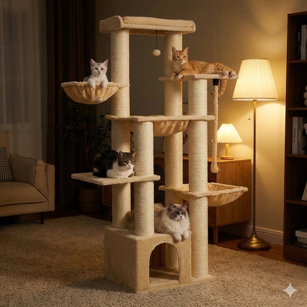 Cat tree with multiple cats in a cozy living room setting