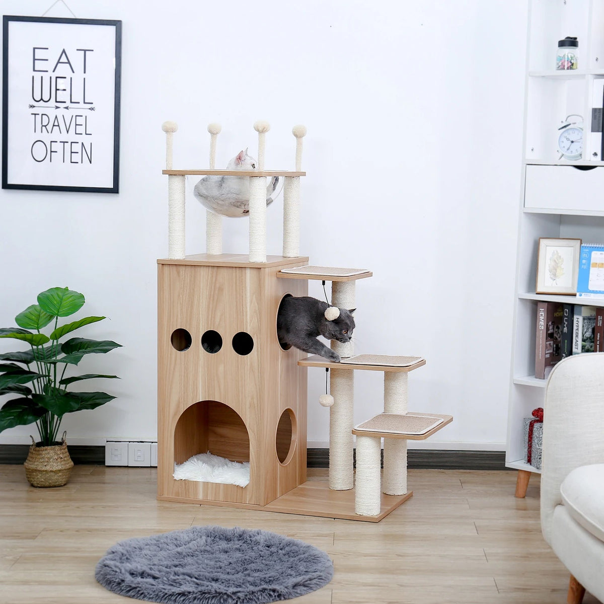 Cat climbing tree in a room with a plant and bookshelf.