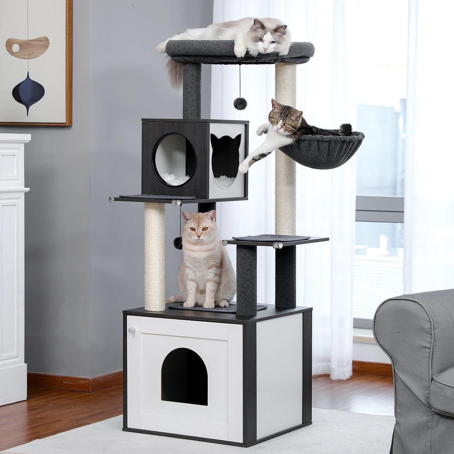 Cat tree with multiple levels and a cat sitting on each level in a home setting.