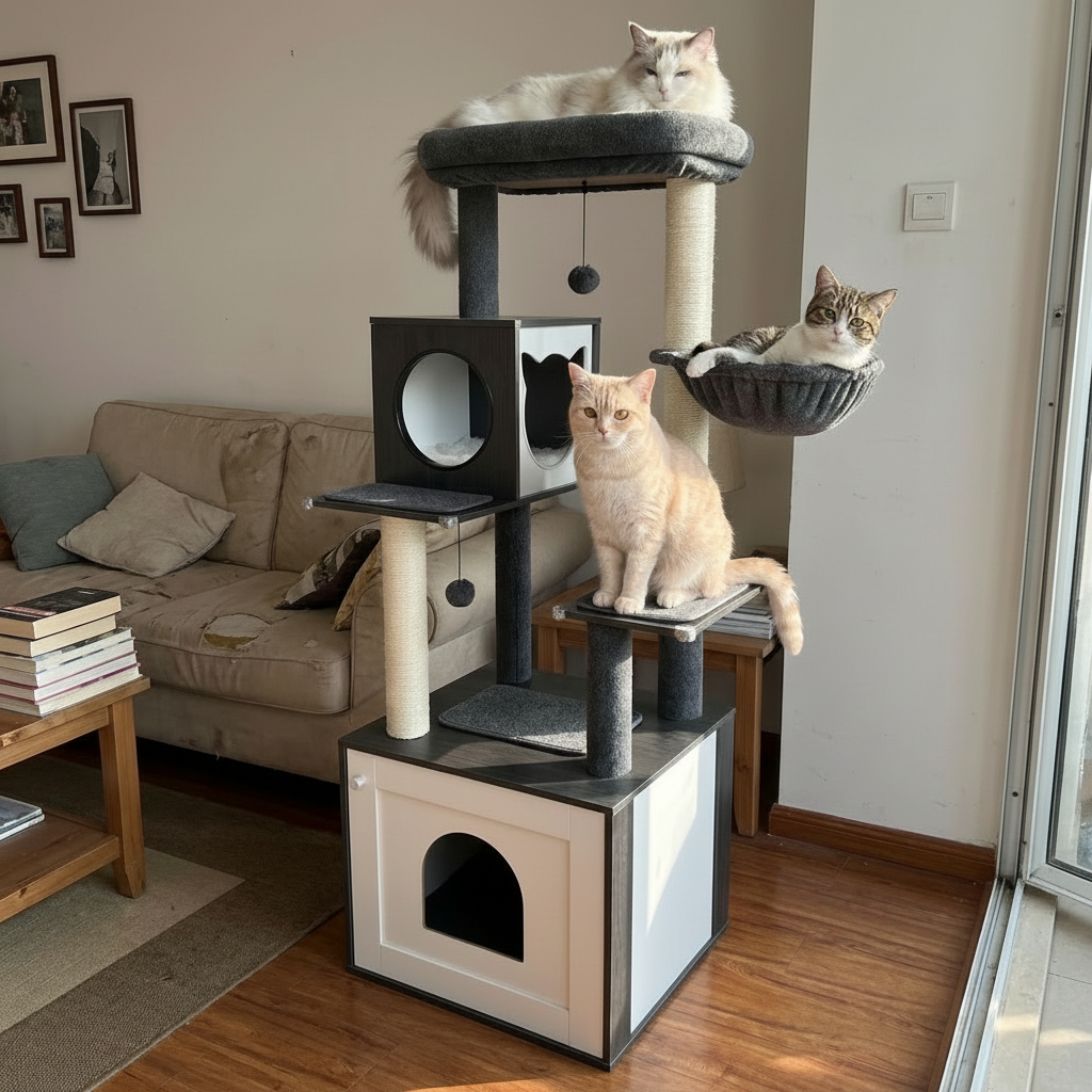 Cat tree with cats in a living room setting