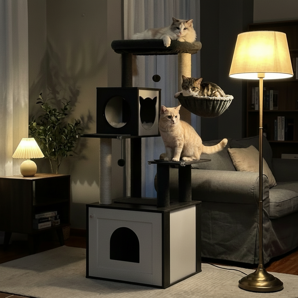 Cat tree with multiple levels and a cat sitting on a shelf in a living room.