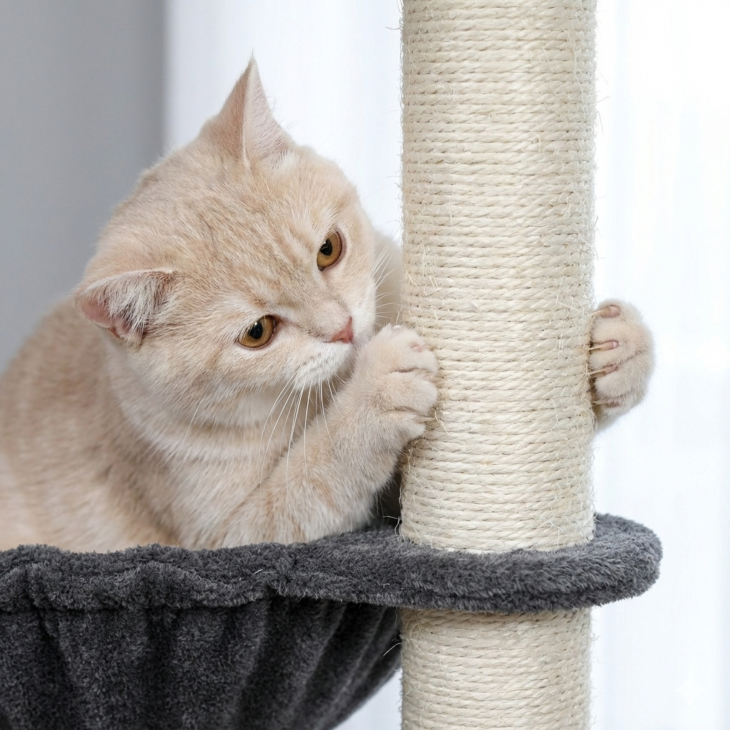 Cat climbing a scratching post with a white background
