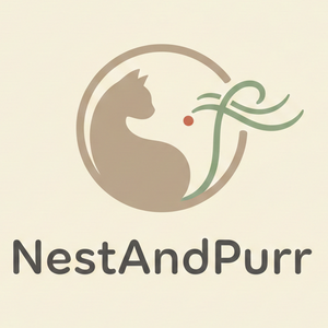 Logo of NestAndPurr with a cat silhouette and leaf on a beige background